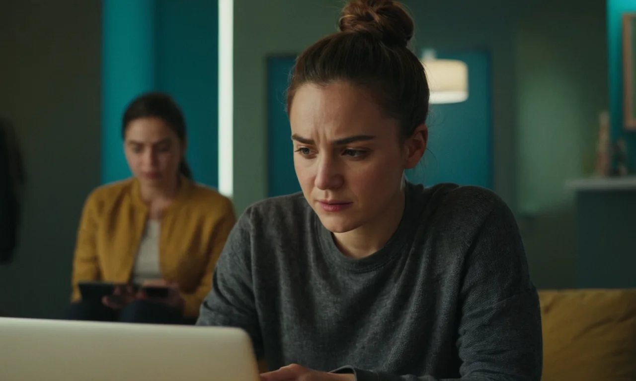 Una persona mirando largamente en su teléfono o pantalla portátil con una mezcla de emociones en su cara.