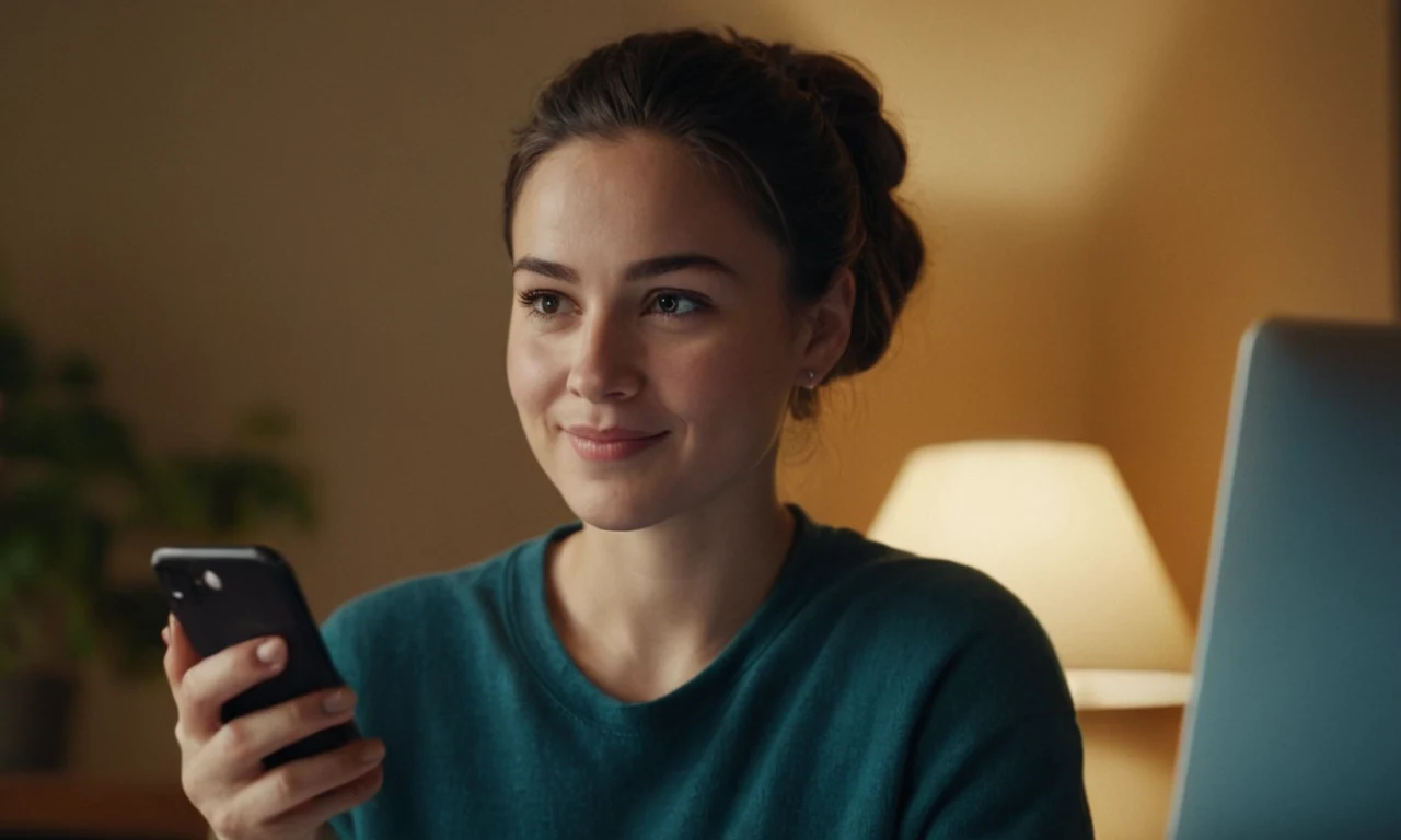 Una persona mirando largamente en su teléfono o pantalla de computadora con una sonrisa sutil.