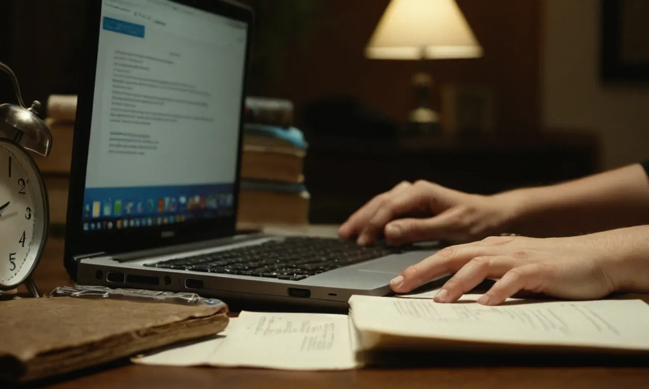 Una persona escribiendo en un portátil rodeado de papeles y libros con un reloj en el fondo.