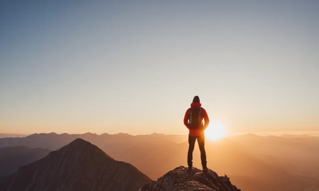 Una persona de pie en un pico de montaña con un amanecer detrás de ellos.