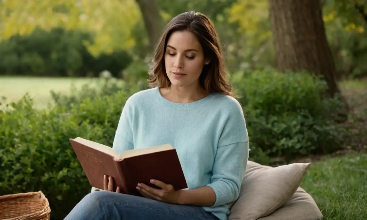 Una persona sentada en un ambiente sereno al aire libre con un libro y una expresión tranquila.