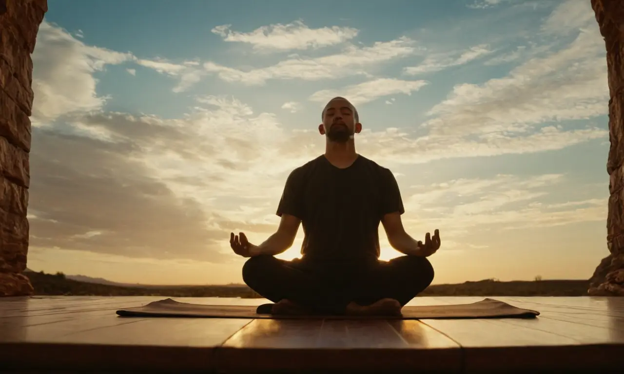 Una persona meditando en un ambiente tranquilo rodeado de citas inspiradoras.