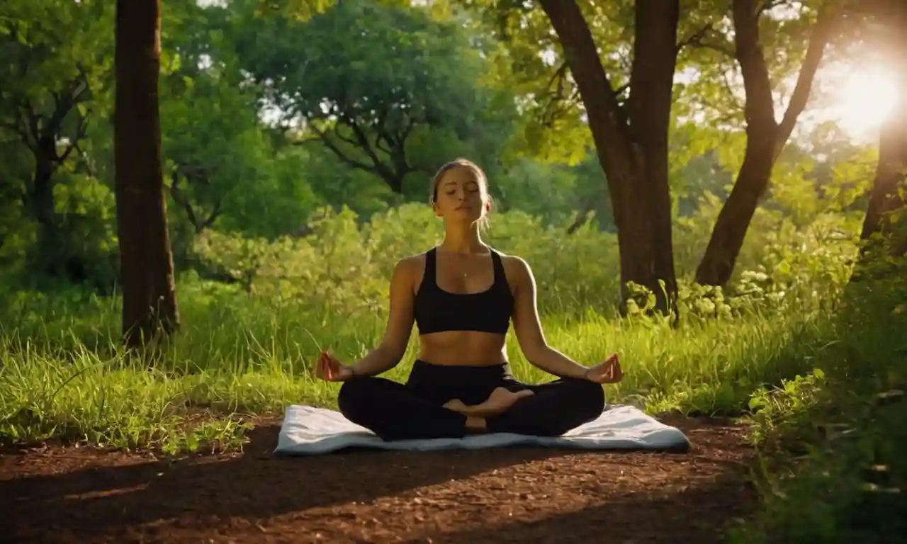 Una persona meditando en la naturaleza, rodeada de citas inspiradoras.