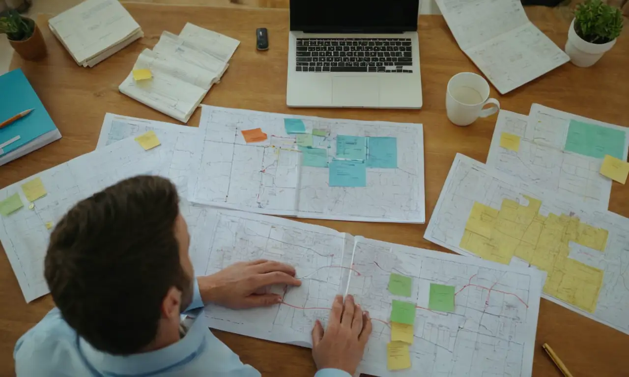 Una persona rodeada de planos y diagramas de proyectos, con un portátil abierto a un mapa de concepto de desarrollo humano.