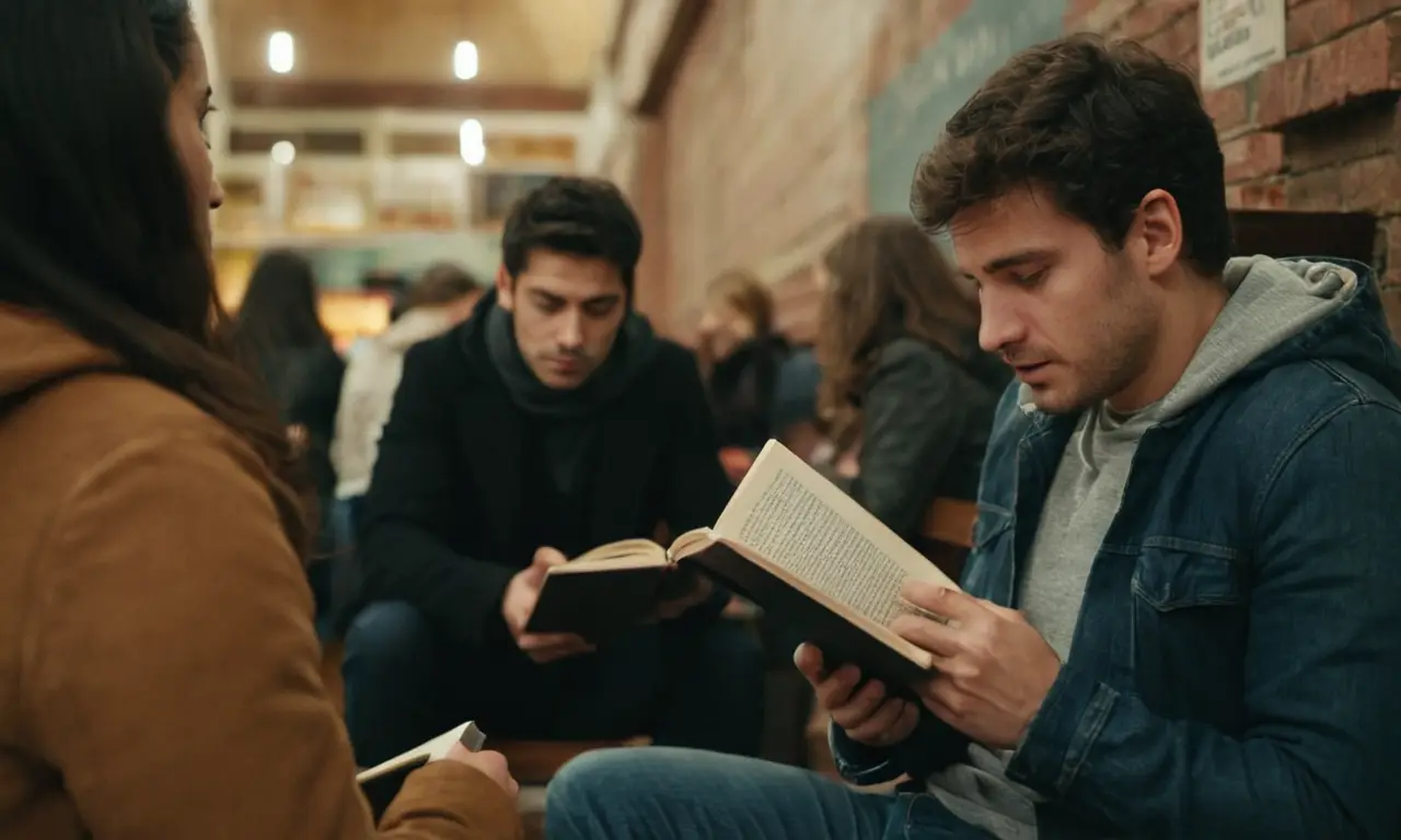 Persona interactuando con amigos en un lugar público contrastando con otra persona solo leyendo un libro.