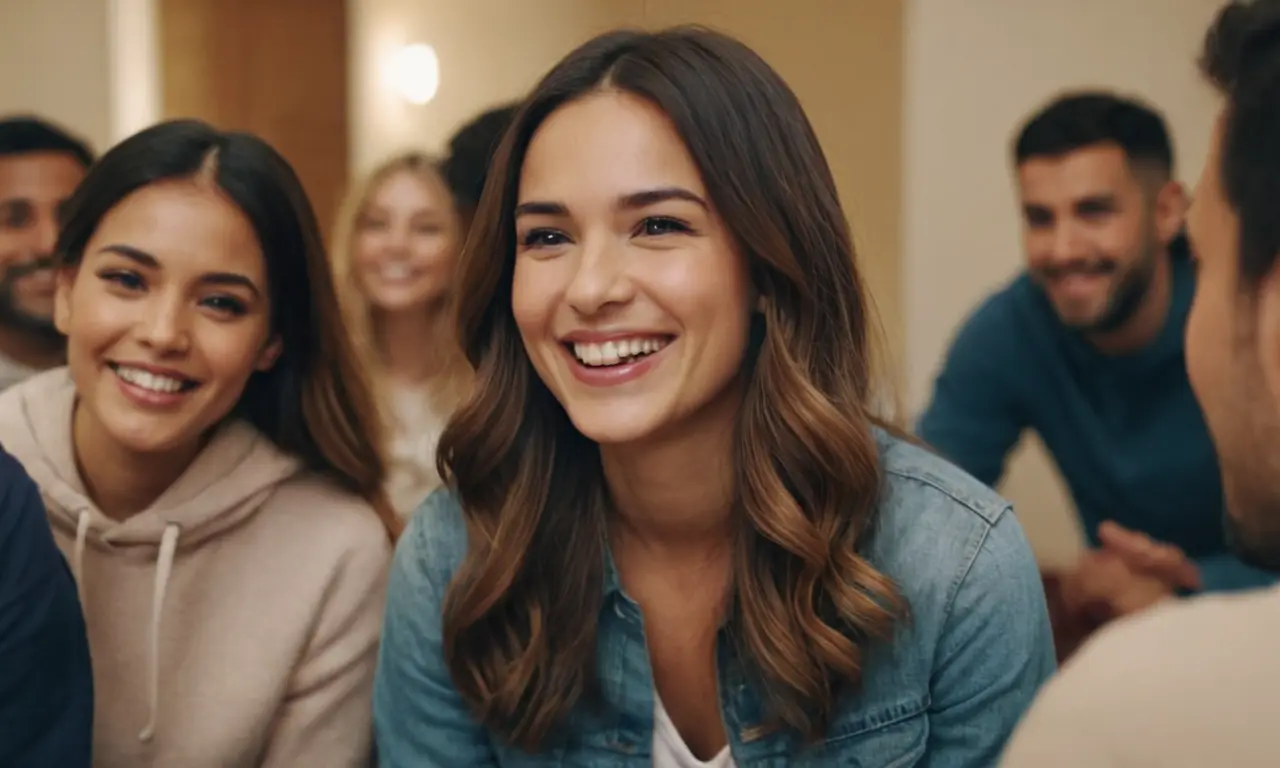 Una persona sonriente que participa en actividades de grupo o conversaciones con otros.