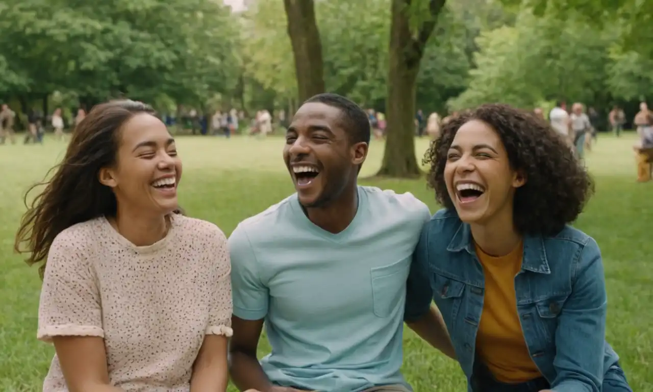 Gente de diversos orígenes riéndose y jugando juntos en un parque.