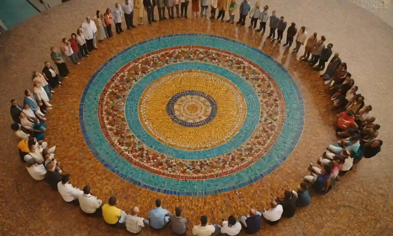 Un grupo diverso de personas de diferentes orígenes culturales se reunieron alrededor de un colorido mosaico.