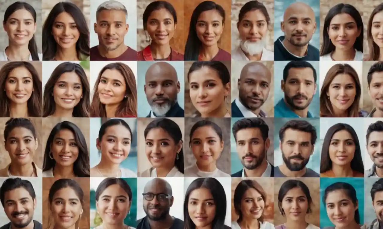 Collage of diverse people from different cultures and languages.