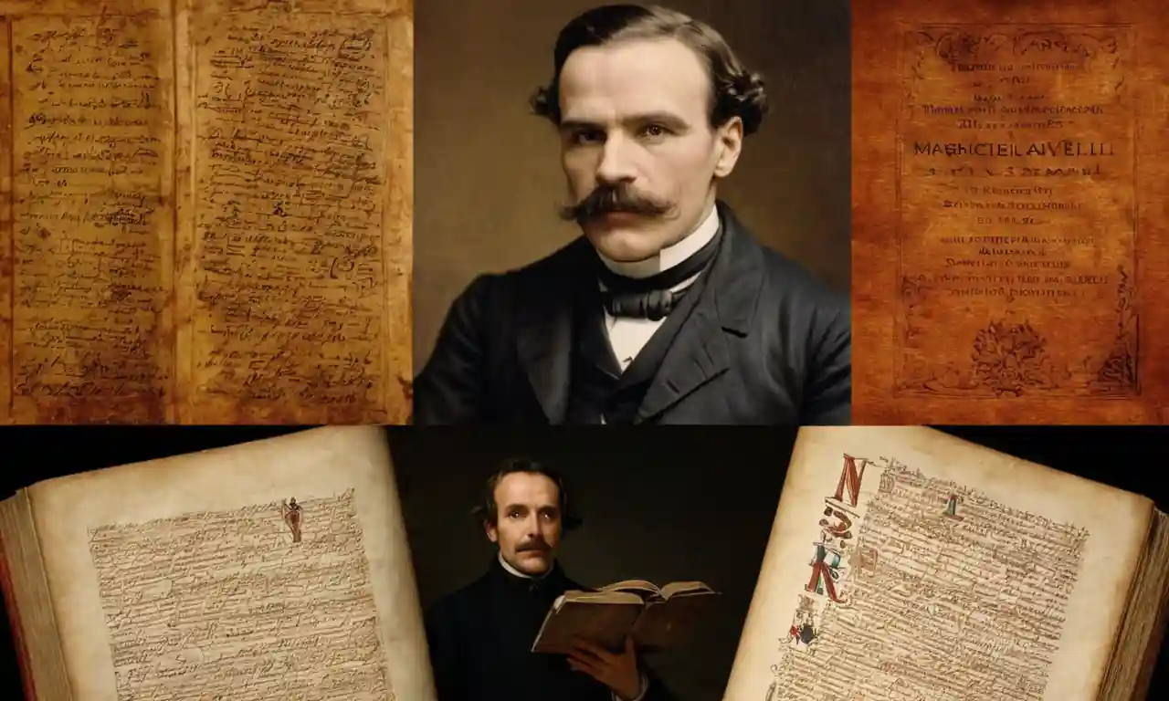 Una imagen de pantalla dividida que compara y contrasta los conceptos filosóficos de Nietzsche, Spinoza y Machiavelli en un escenario de manuscritos y pergaminos antiguos.