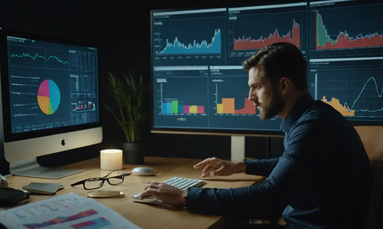 Un marketer analizando datos en una pantalla de computadora, rodeado de gráficos y diagramas.