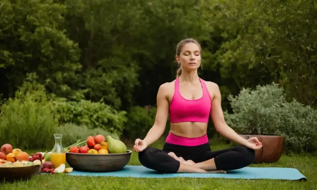 Una persona haciendo yoga al aire libre rodeado de alimentos saludables y equipo de fitness.