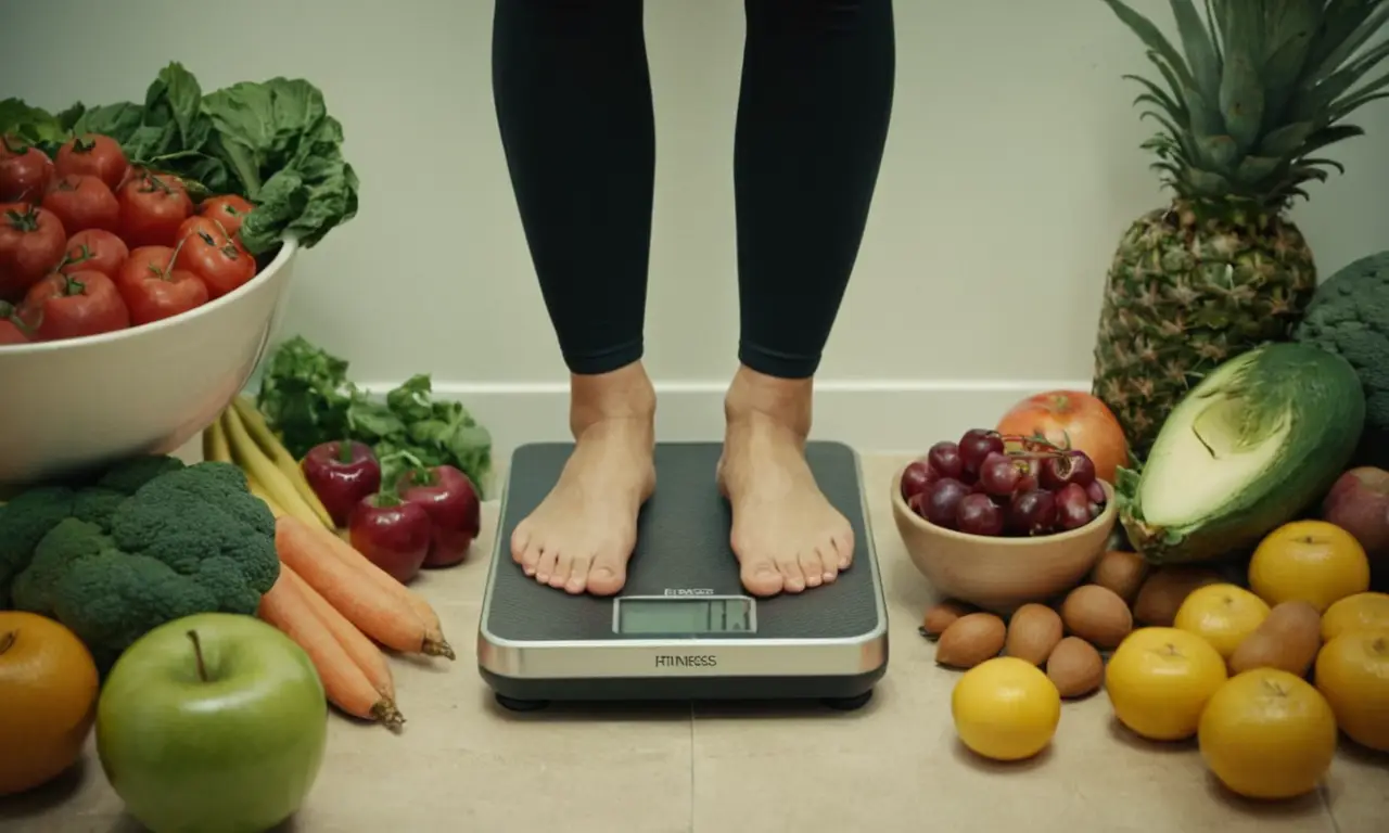 Una persona de pie en una escala, rodeada de alimentos saludables y equipo de fitness.