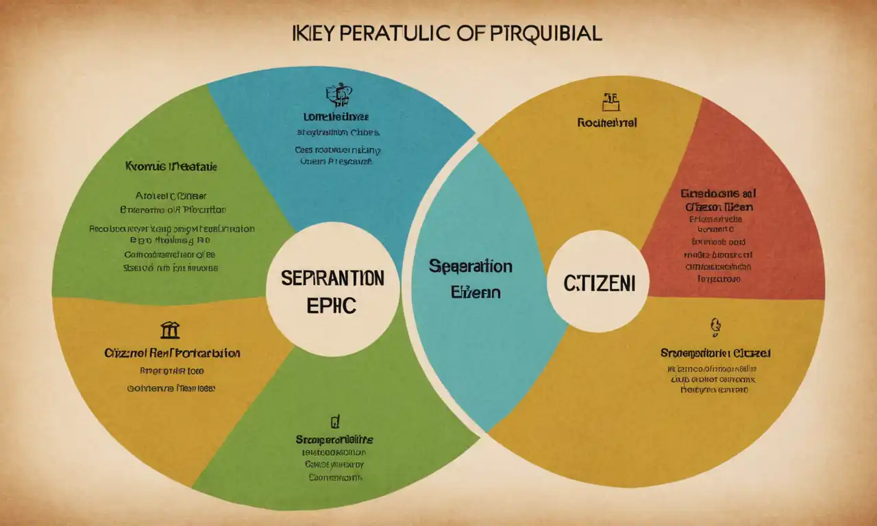 Un diagrama o ilustración destacando las características clave de una república, como la separación de poderes y la participación ciudadana.