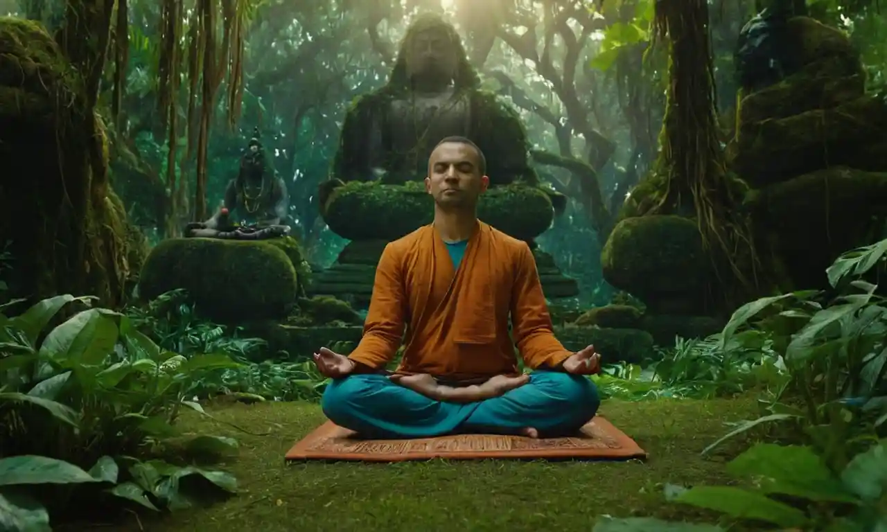 Una persona meditando en medio de la exuberante vegetación, rodeada de símbolos espirituales y citas de Avatar.