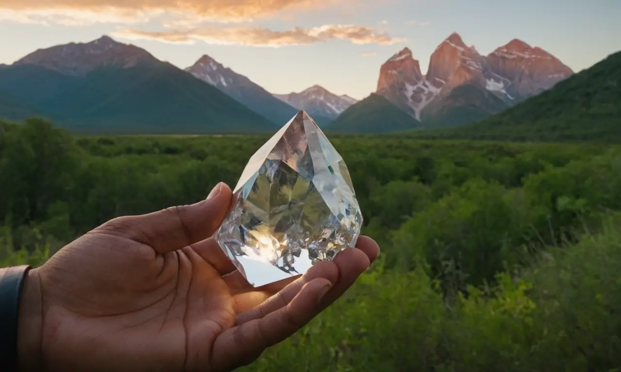 Una persona indígena rodeada de naturaleza, sosteniendo un cristal brillante, con las emblemáticas montañas de Aleluya en el fondo.