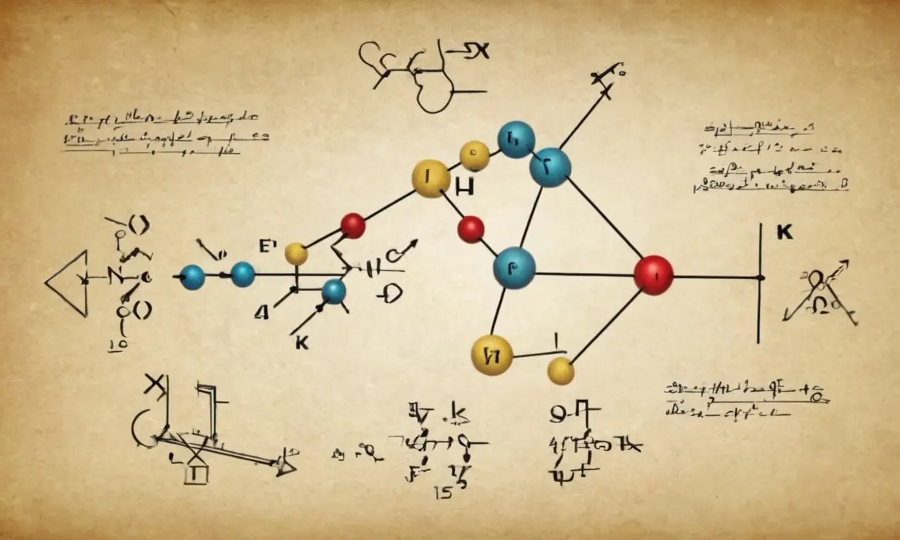 Estructura molecular con flechas que ilustran reacciones químicas, rodeadas de ecuaciones y diagramas.