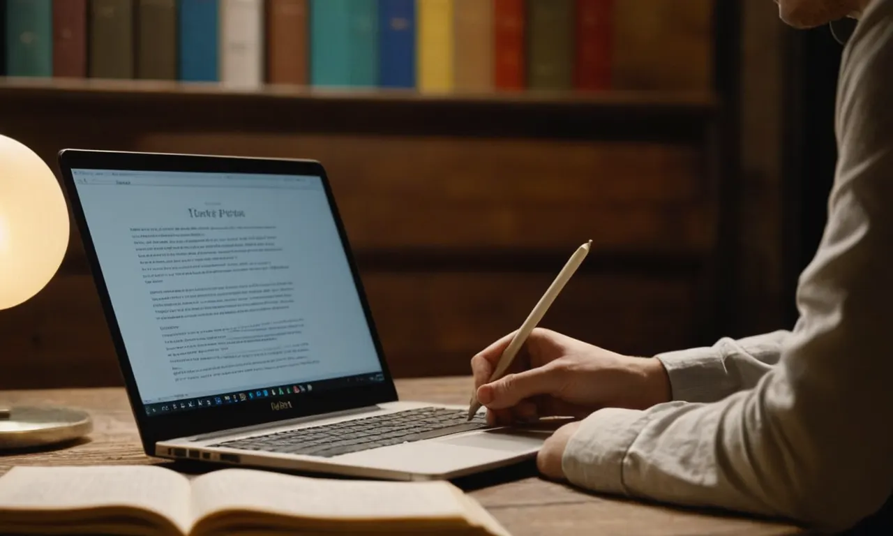 Una persona leyendo un libro o escribiendo notas con un portátil abierto a una página de revisión.