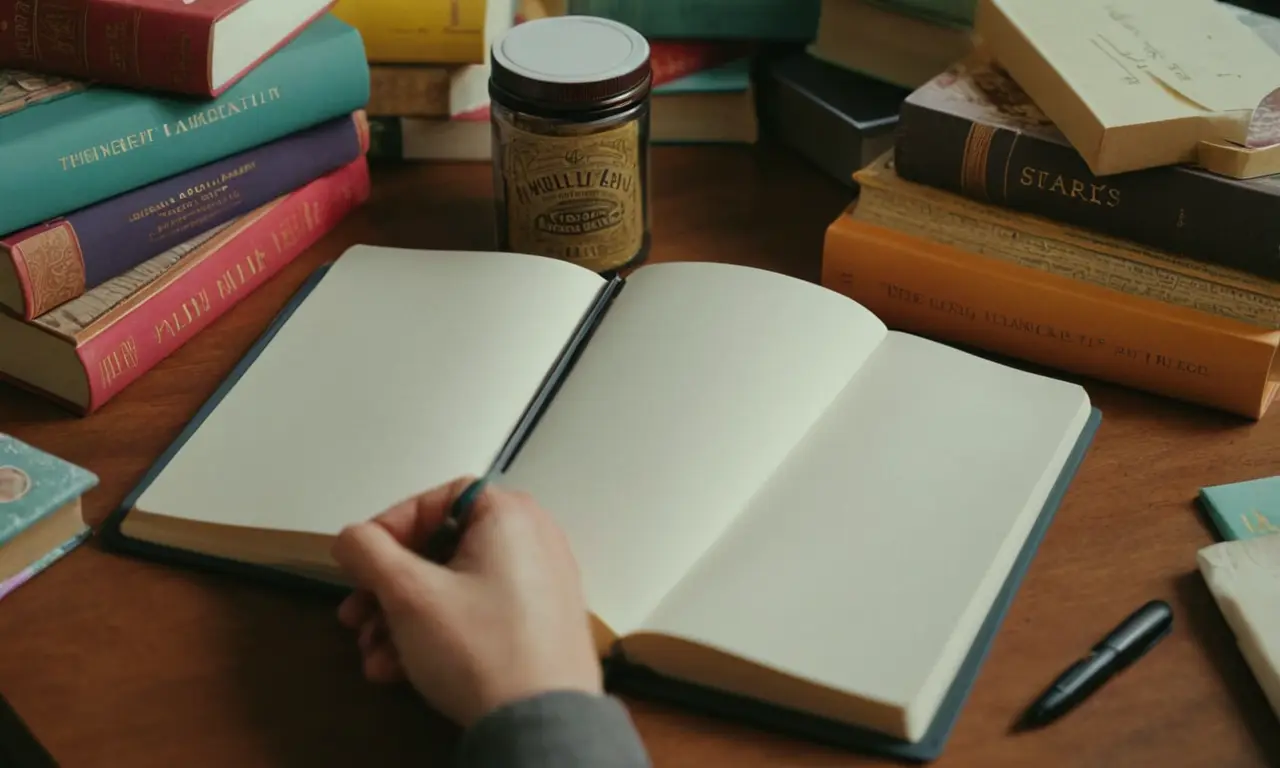 Una persona escribiendo en un cuaderno rodeado de libros y embalaje de productos.