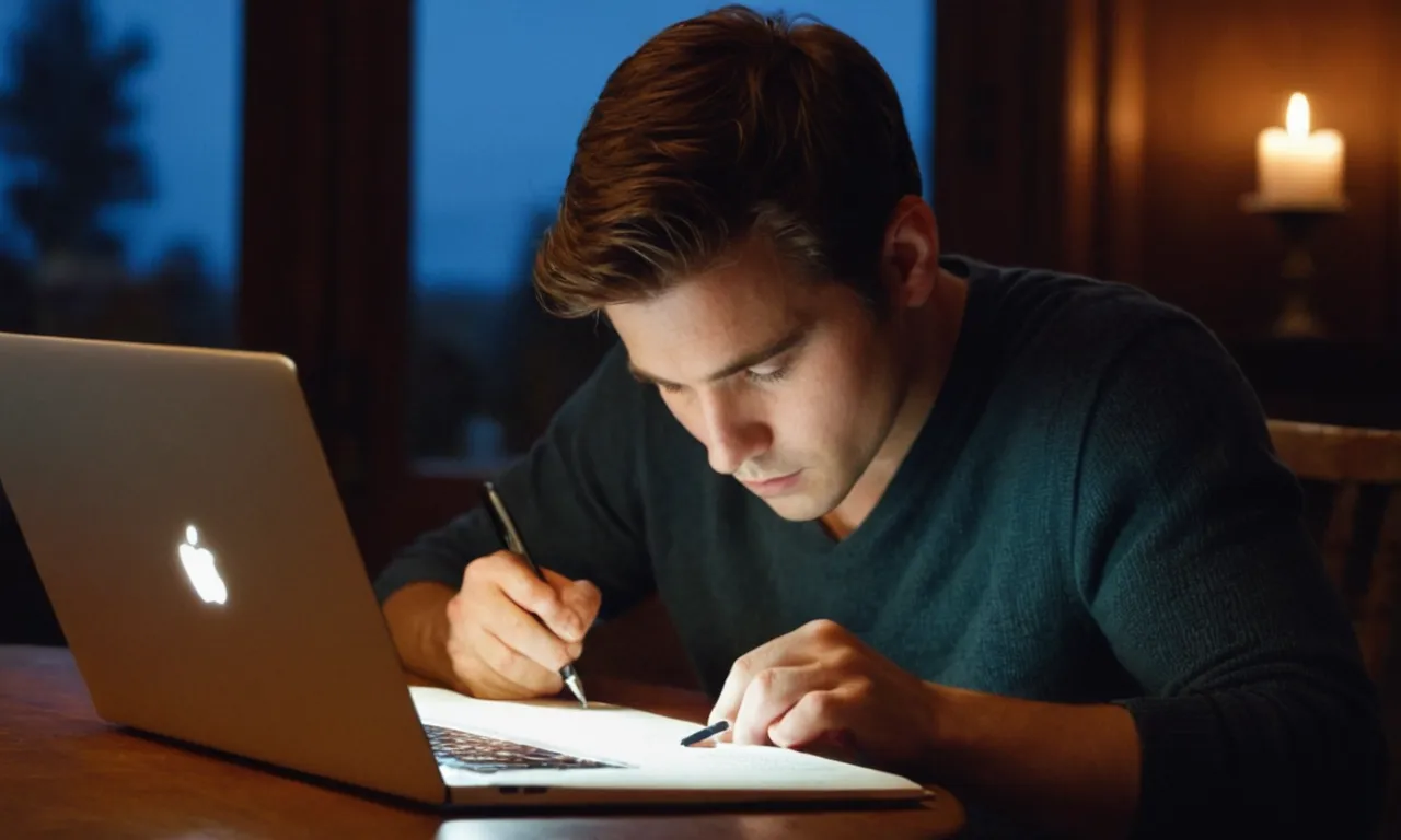 Autor escribiendo delante de un libro abierto y portátil.