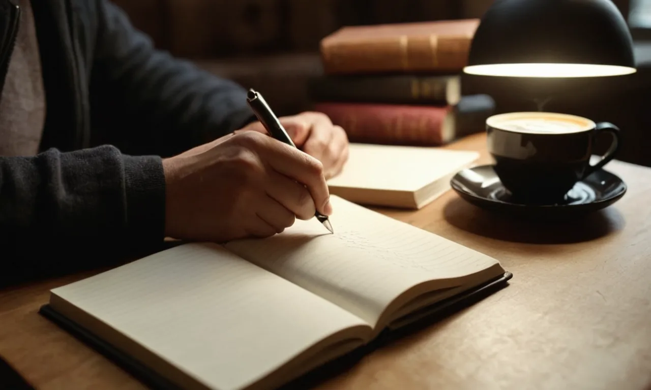 Una persona escribiendo en un cuaderno rodeado de libros y café.