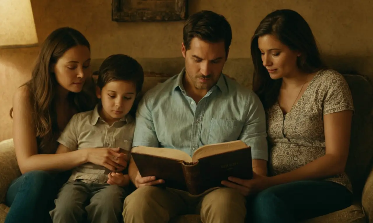 Una familia sentada junto con una Biblia abierta en su regazo.