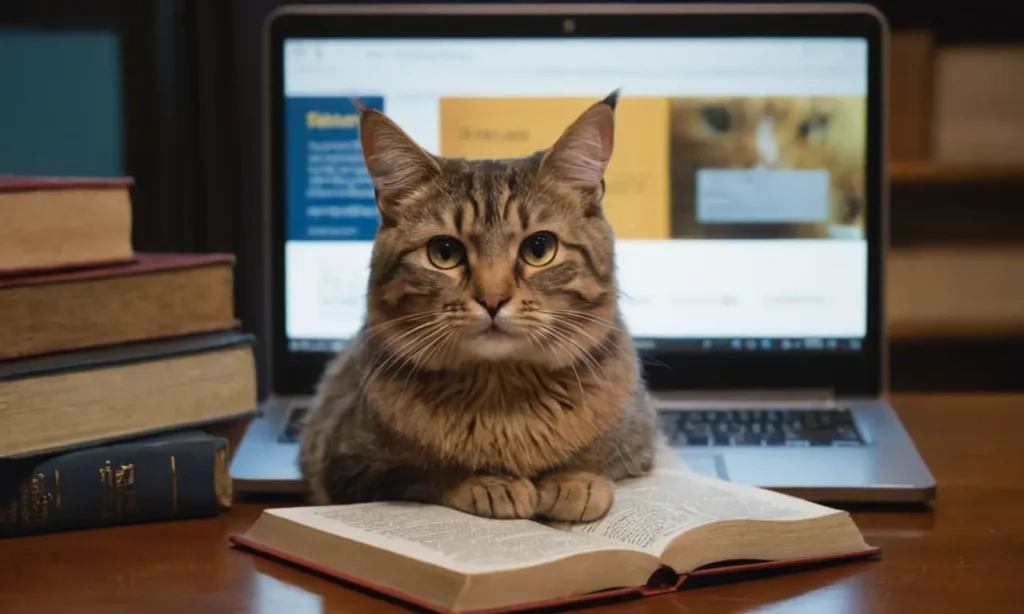 Un gato sentado frente a un diccionario o pantalla portátil mostrando definiciones.