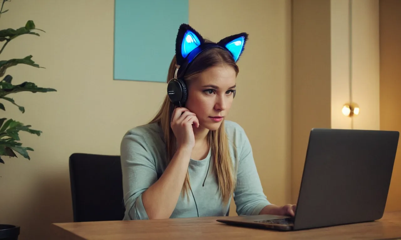 Mujer con cabeza de oreja de gato y bigotes sentado frente a un portátil.