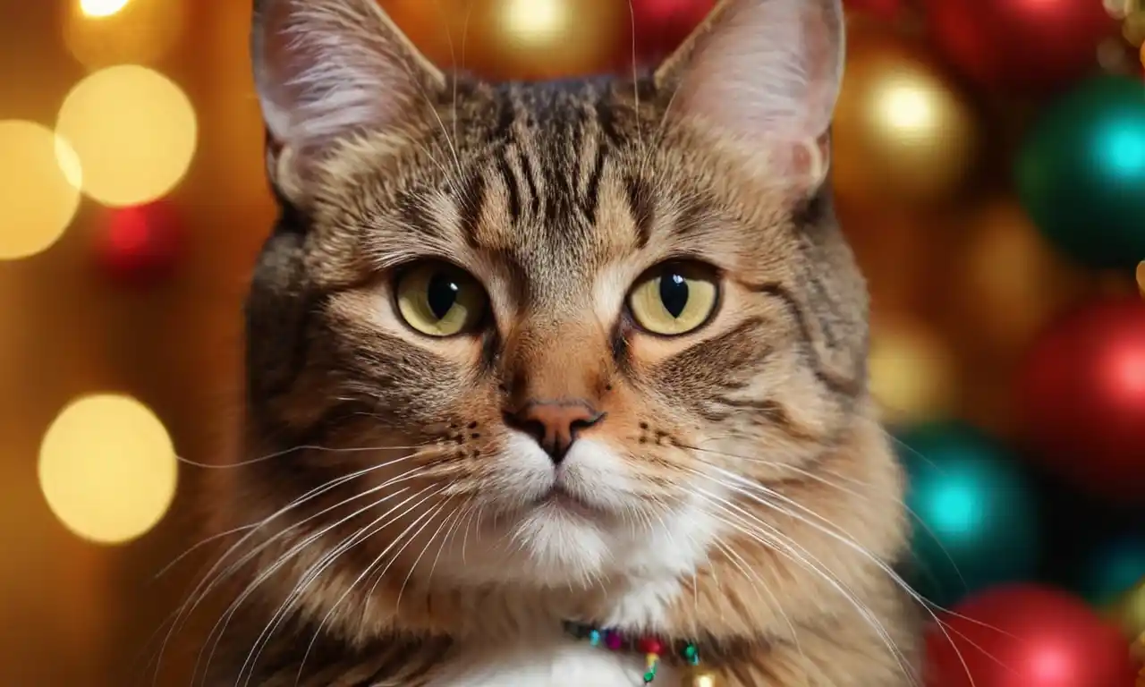 Un acercamiento de una cara de gatos con decoraciones coloridas que la rodean.