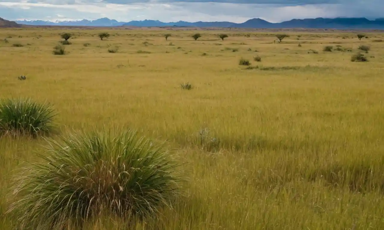 Un paisaje de pastizales con diversas especies y plantas en las Pampas Argentinas.