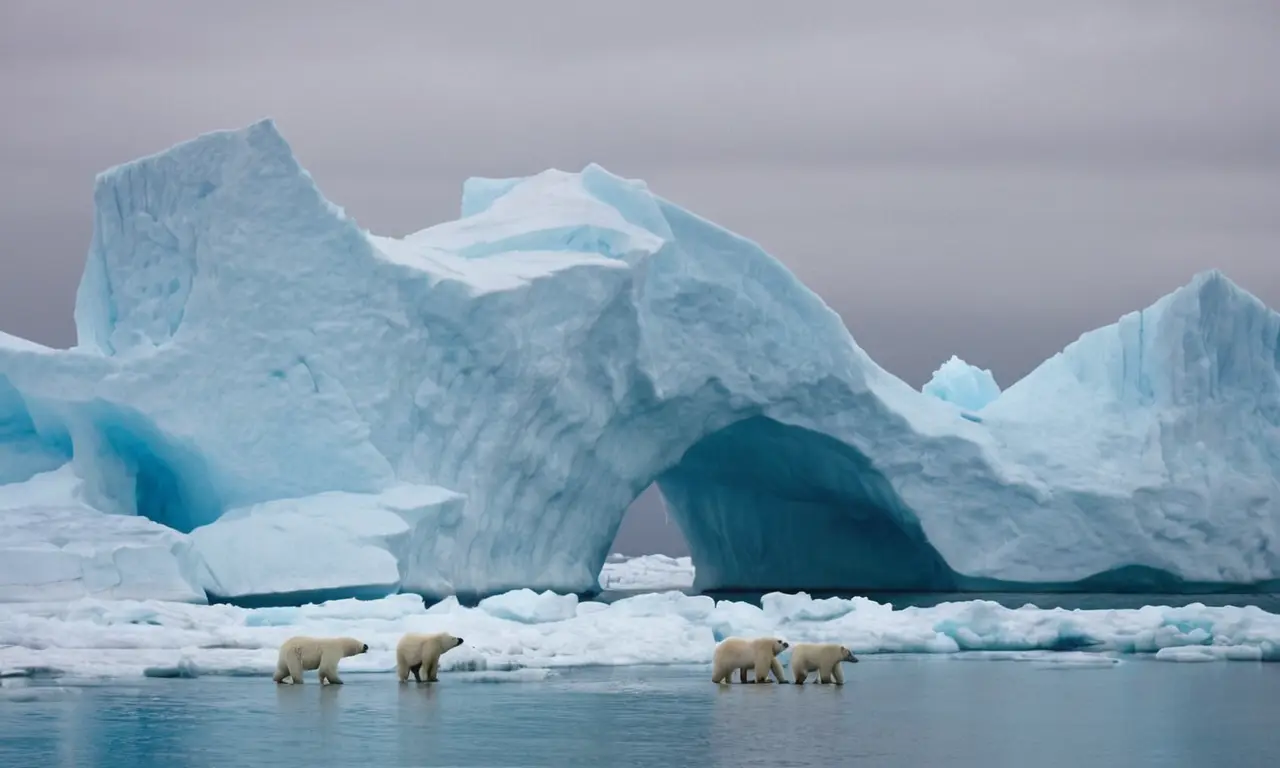 Nota: El título parece ser una mezcla de dos temas diferentes, pero asumiré su relación con el cambio climático y su efecto en los ciclos. Aquí una descripción de una sola línea: Un iceberg de fusión en medio de una familia de osos polares, rodeado de diagramas de ciclo sutil.