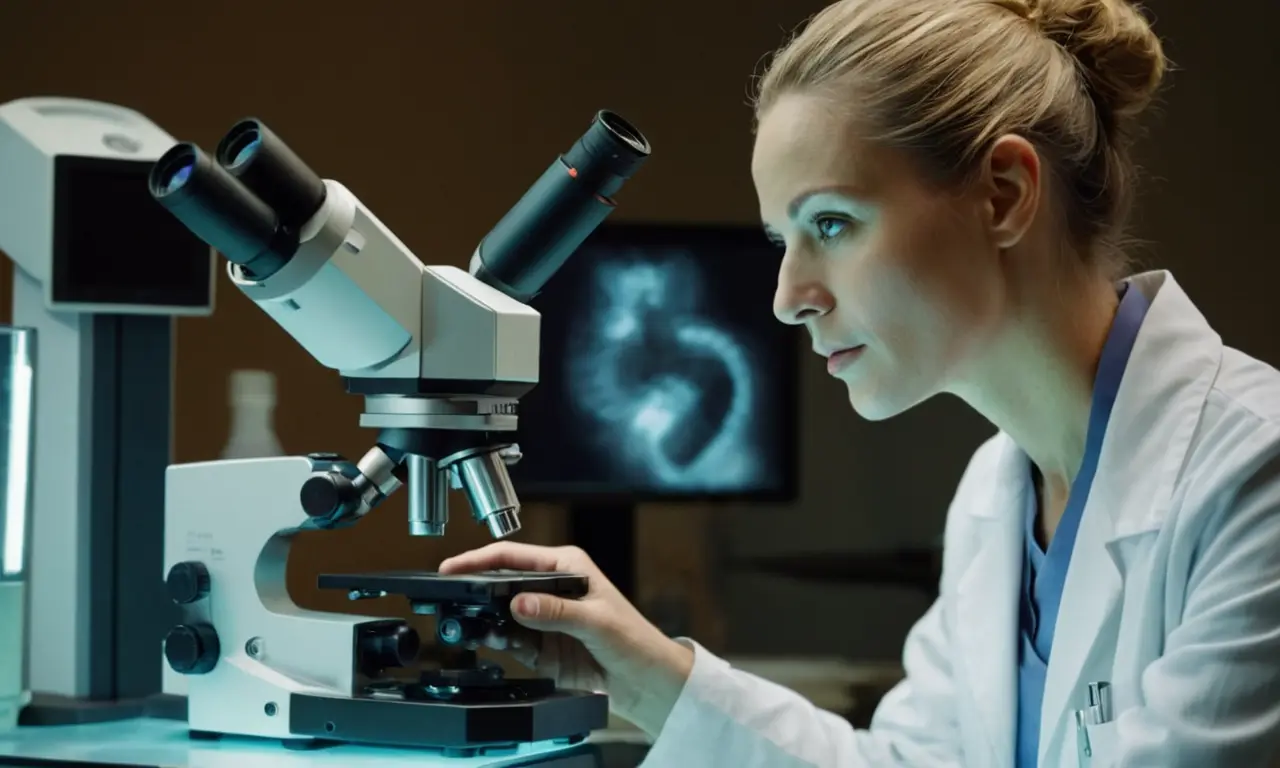 Un profesional médico que examina una radiografía con un microscopio en el fondo.