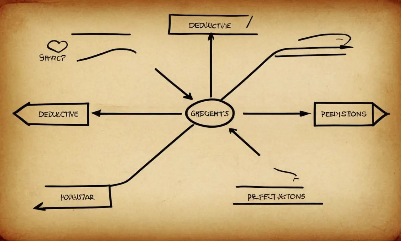 Un diagrama lógico con flechas y símbolos que representan argumentos deductivos.