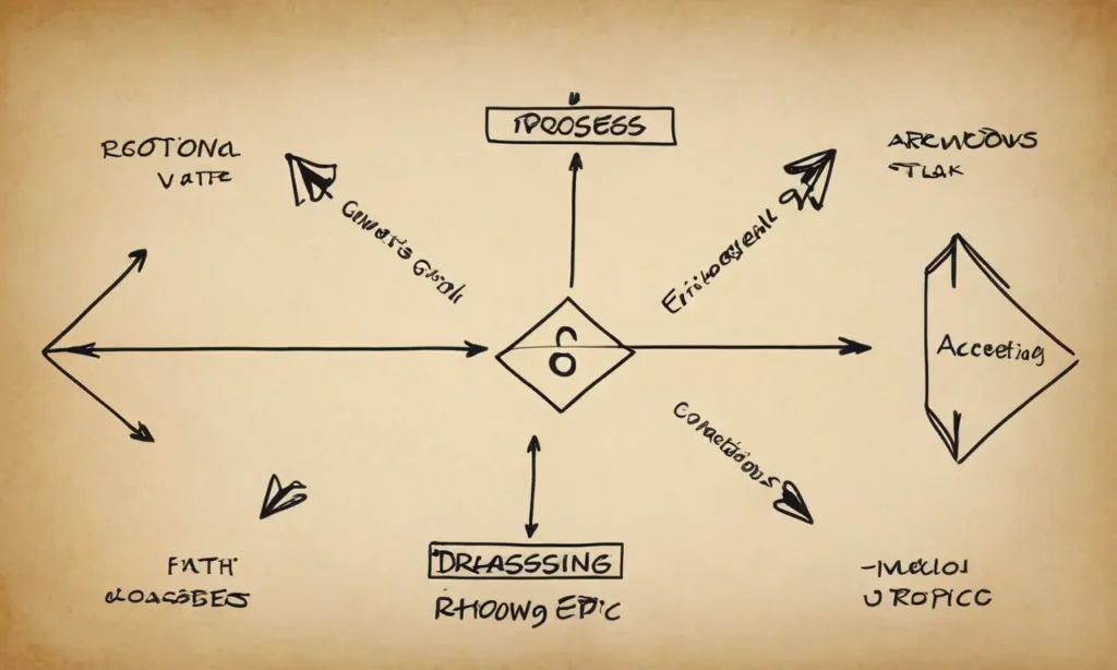 Un diagrama que ilustra los procesos lógicos de razonamiento con flechas y símbolos que conectan diferentes conceptos.