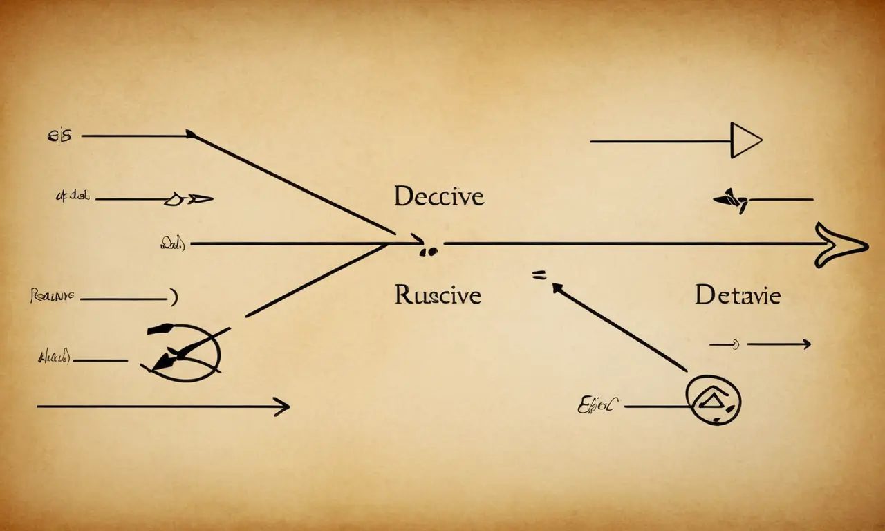 Un diagrama lógico con flechas y símbolos que representan un razonamiento deductivo e inductivo.