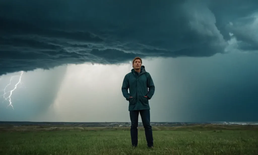 Una persona de pie fuerte contra un ambiente meteorológico tormentoso con una expresión tranquila.