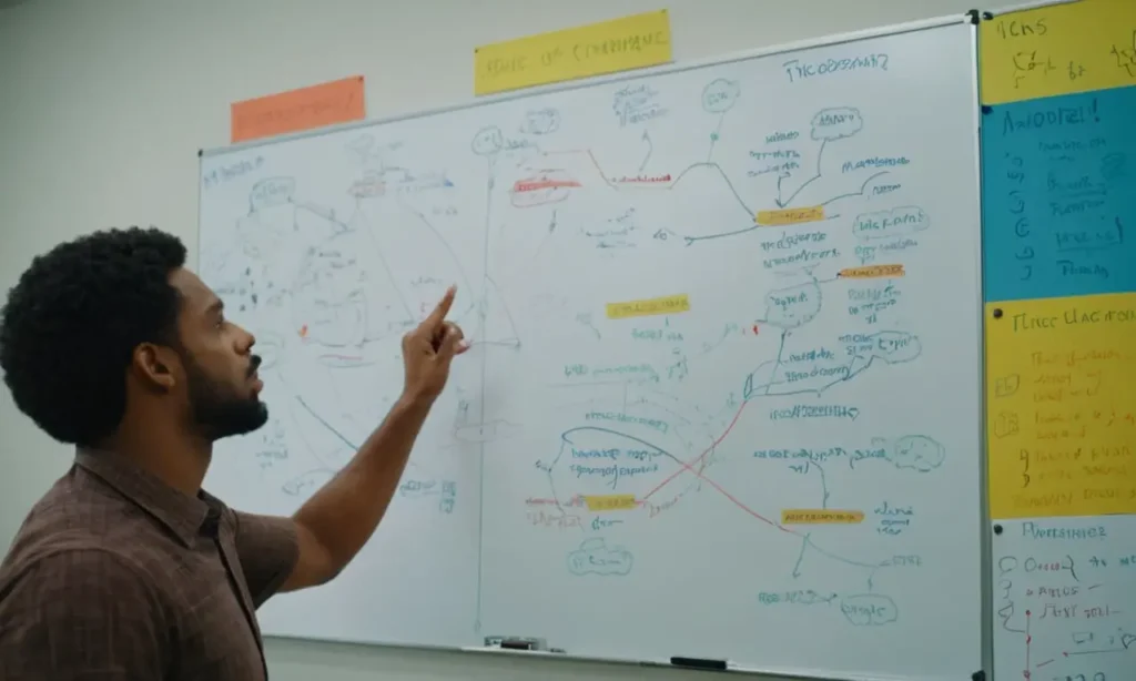 Una persona que habla frente a una pizarra llena de conceptos y diagramas retóricos.