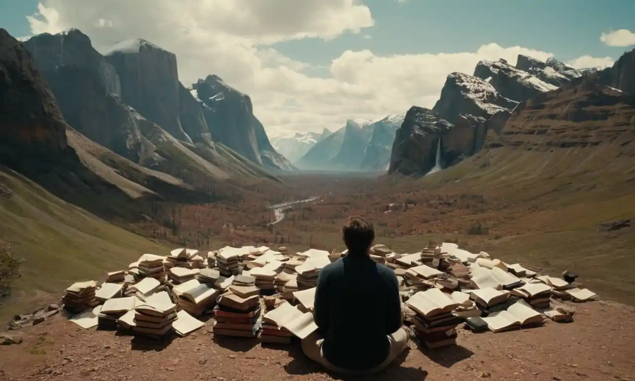 Una persona sentada en un paisaje dramático, rodeada de libros y hojas de música.