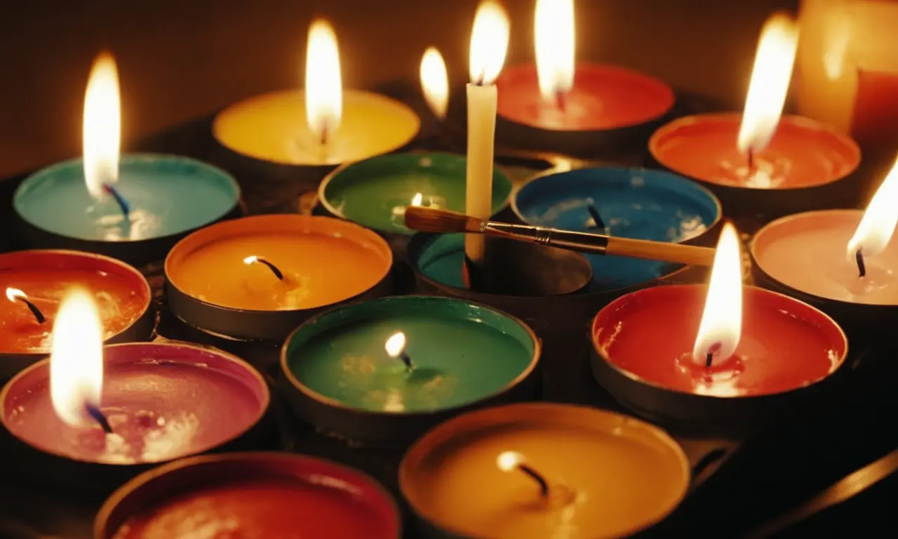 Una paleta de pintores con colores vibrantes y pinceles suaves rodeados de velas agitadoras.