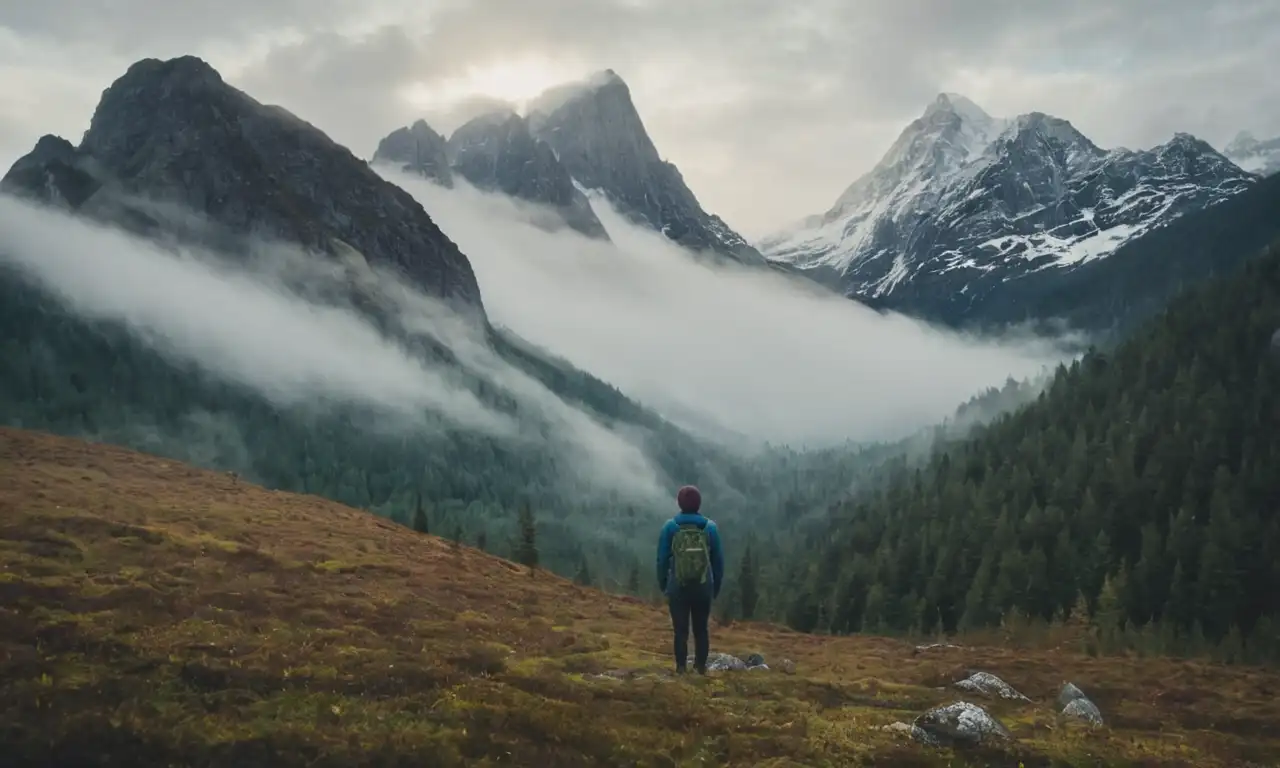 Una persona de pie en un bosque de mal gusto, con una espectacular cordillera en el fondo.