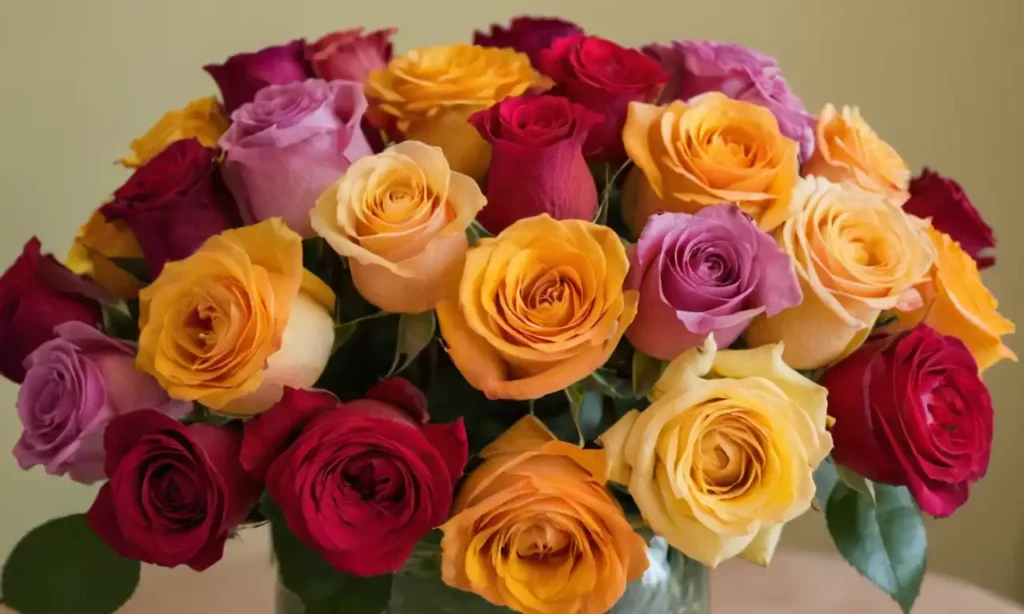 Un ramo de rosas en varios colores dispuestos sobre una mesa.