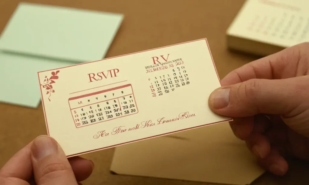 Una persona que tiene una tarjeta de invitación formal con un sello RSVP y un calendario en el fondo.