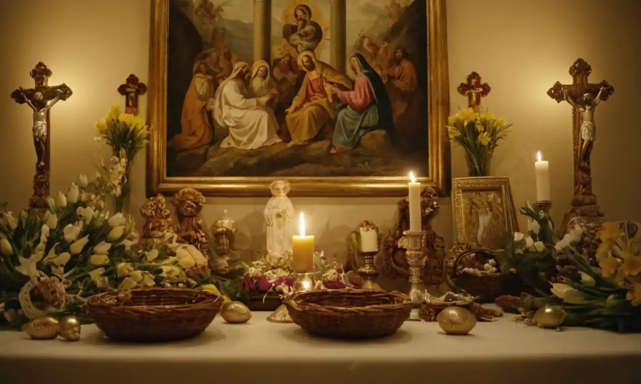 Gente que se prepara para el Domingo de Pascua, rodeada de símbolos de la Semana Santa.