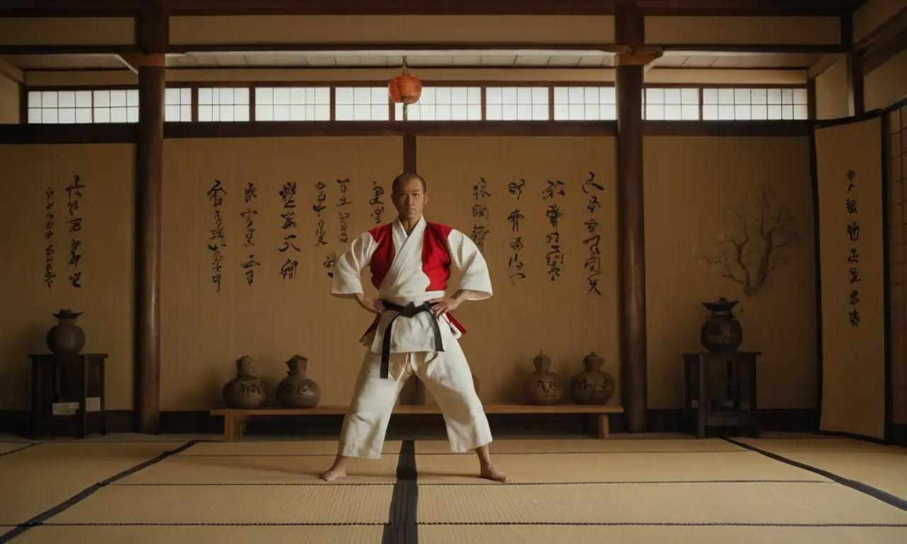 Un maestro japonés de artes marciales en pie en un dojo tradicional, rodeado de símbolos de disciplina y autoridad.