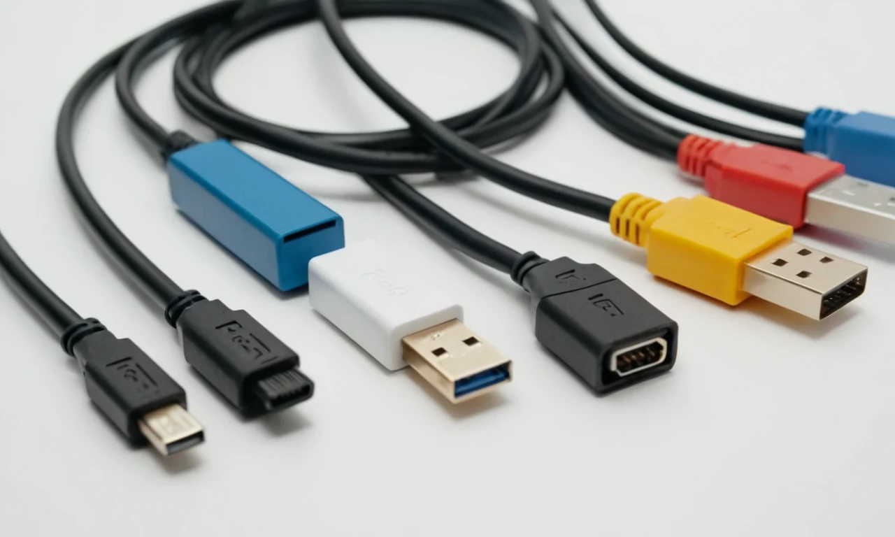 Varios conectores USB y cables con diferentes velocidades y tipos en un fondo blanco.