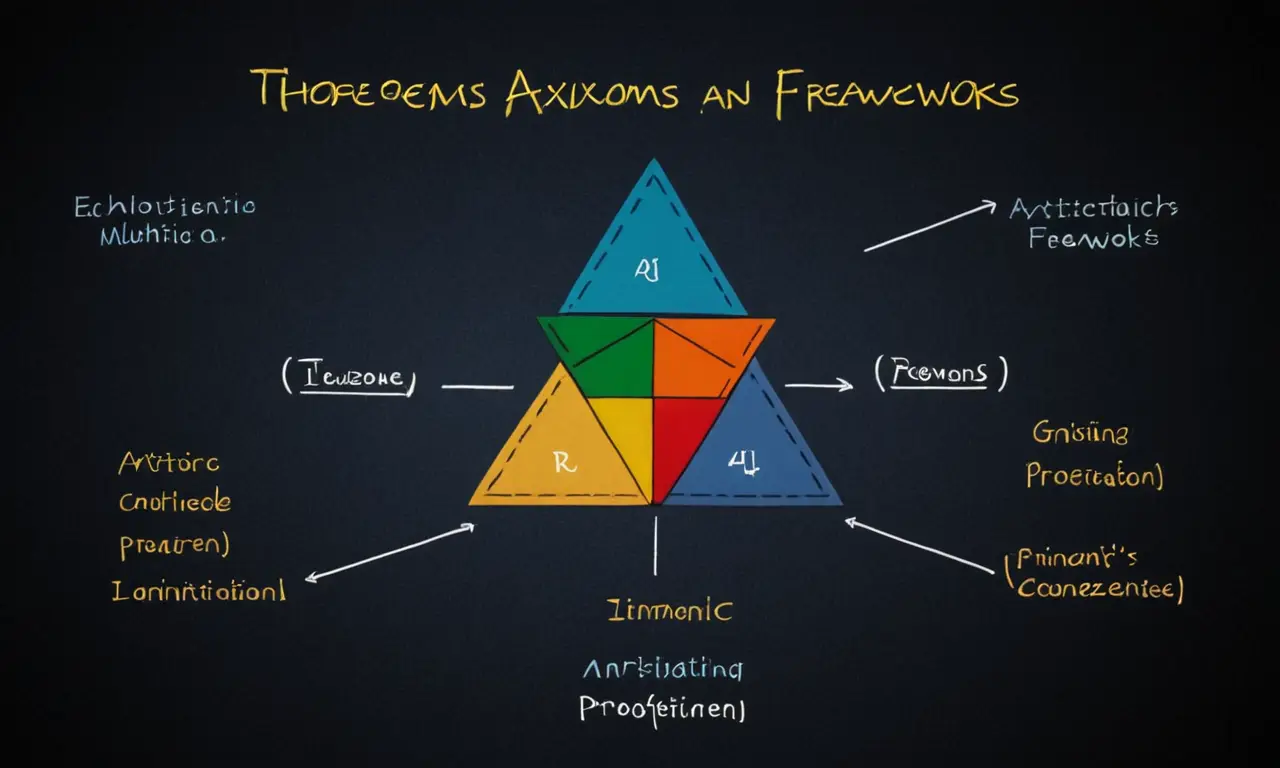 Un diagrama que muestra la relación entre axiomas, teoremas y pruebas en un marco matemático.