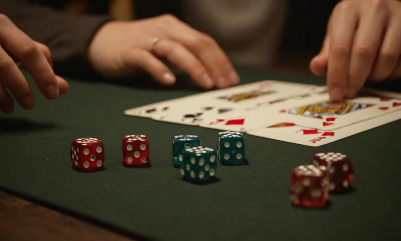 Una persona rodando dados en una mesa, con tarjetas u otras piezas de juego en el fondo.