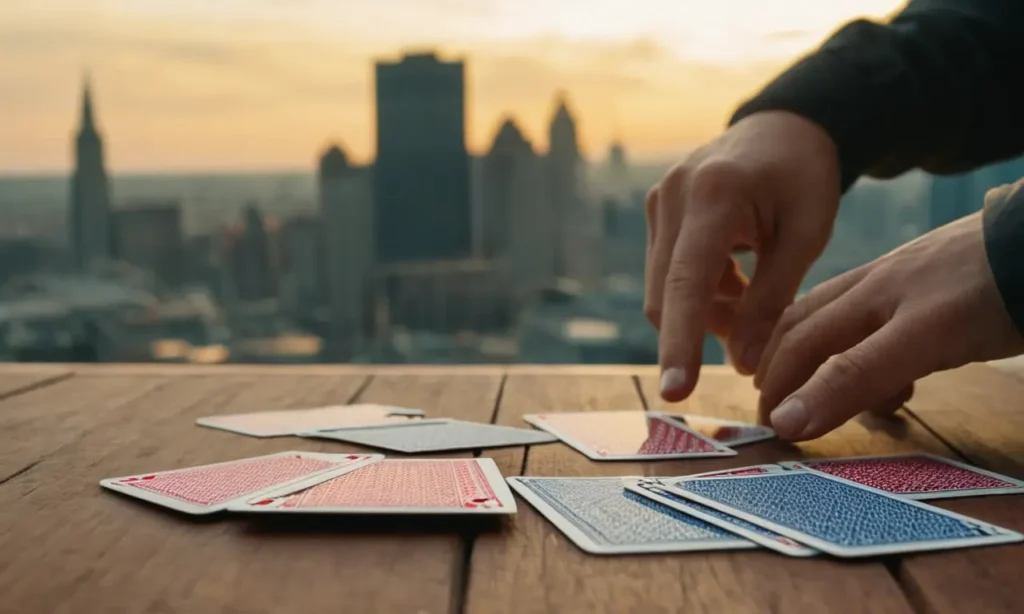 Persona mirando una cubierta de cartas con un paisaje urbano en el fondo.