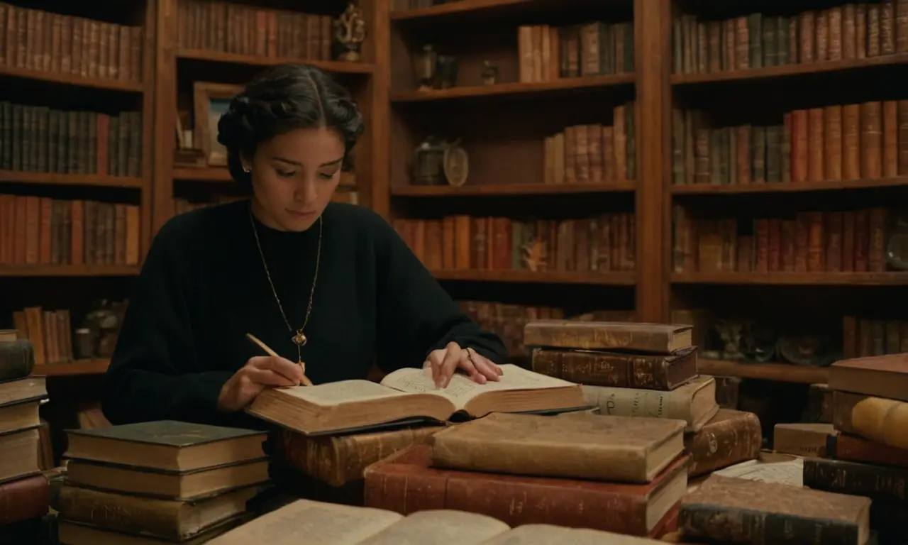 Una persona rodeada de libros y artículos tradicionales españoles.