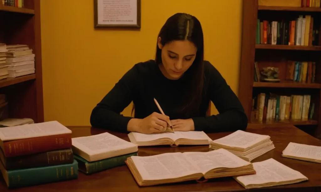 Una persona sentada en una mesa con libros y papeles rodeados de frases y expresiones españolas.